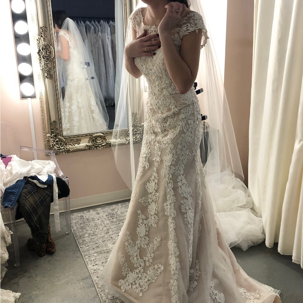 Lace overlay wedding dress. Never worn. Comes with bustle assist already made